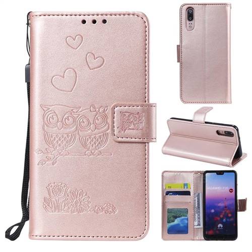 Embossing Owl Couple Flower Leather Wallet Case for Huawei P20 - Rose Gold