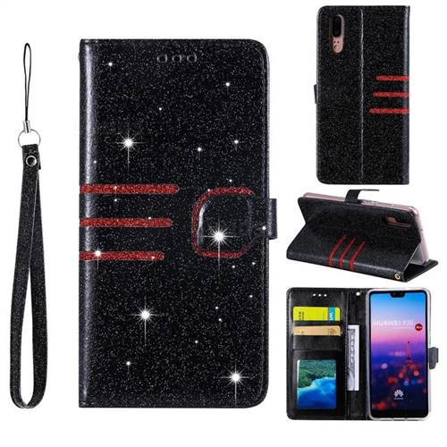 Retro Stitching Glitter Leather Wallet Phone Case for Huawei P20 - Black
