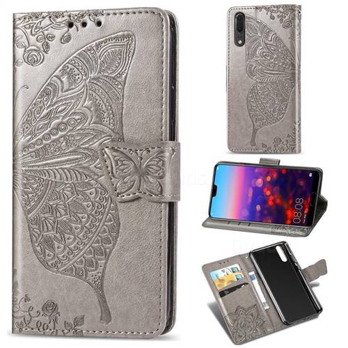 Embossing Mandala Flower Butterfly Leather Wallet Case for Huawei P20 - Gray