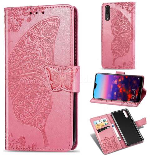 Embossing Mandala Flower Butterfly Leather Wallet Case for Huawei P20 - Pink