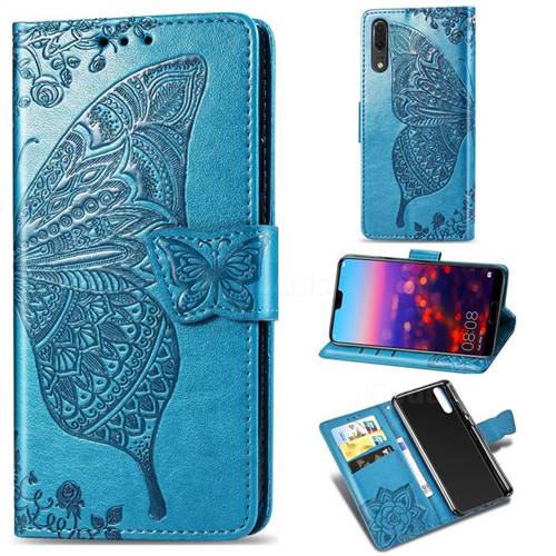 Embossing Mandala Flower Butterfly Leather Wallet Case for Huawei P20 - Blue