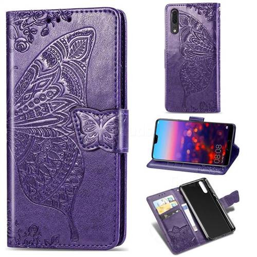 Embossing Mandala Flower Butterfly Leather Wallet Case for Huawei P20 - Dark Purple