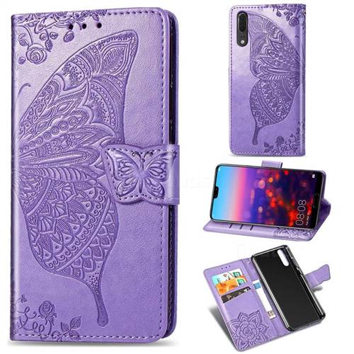 Embossing Mandala Flower Butterfly Leather Wallet Case for Huawei P20 - Light Purple