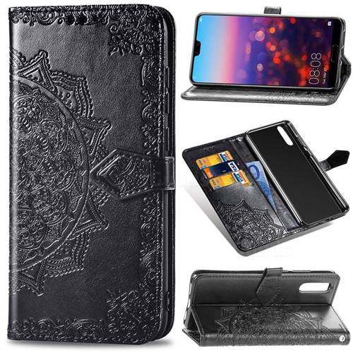 Embossing Imprint Mandala Flower Leather Wallet Case for Huawei P20 - Black