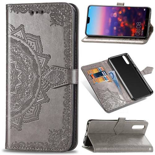 Embossing Imprint Mandala Flower Leather Wallet Case for Huawei P20 - Gray