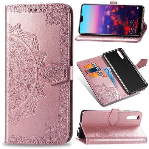 Embossing Imprint Mandala Flower Leather Wallet Case for Huawei P20 - Rose Gold