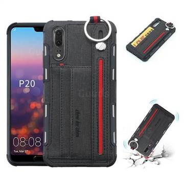 British Style Canvas Pattern Multi-function Leather Phone Case for Huawei P20 - Black