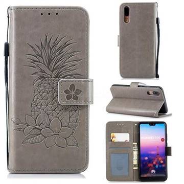 Embossing Flower Pineapple Leather Wallet Case for Huawei P20 - Gray