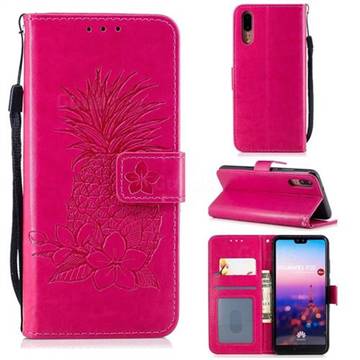 Embossing Flower Pineapple Leather Wallet Case for Huawei P20 - Rose