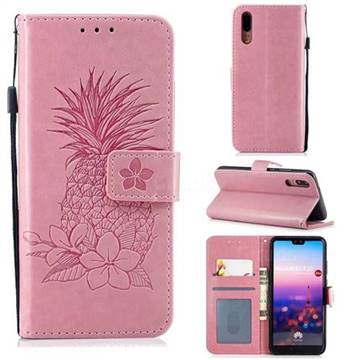 Embossing Flower Pineapple Leather Wallet Case for Huawei P20 - Pink