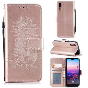 Embossing Flower Pineapple Leather Wallet Case for Huawei P20 - Rose Gold