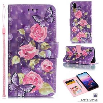 Purple Butterfly Flower 3D Painted Leather Phone Wallet Case for Huawei P20