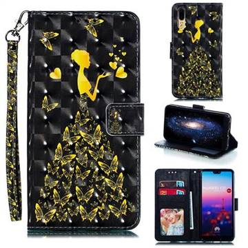 Golden Butterfly Girl 3D Painted Leather Phone Wallet Case for Huawei P20