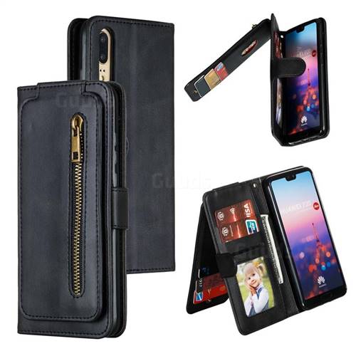 Multifunction 9 Cards Leather Zipper Wallet Phone Case for Huawei P20 - Black