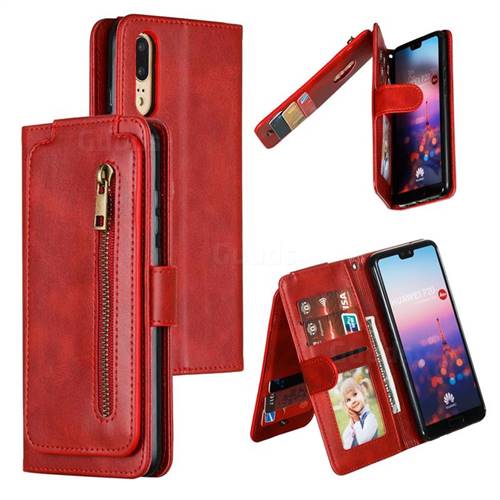 Multifunction 9 Cards Leather Zipper Wallet Phone Case for Huawei P20 - Red
