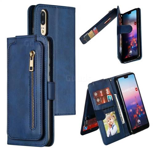 Multifunction 9 Cards Leather Zipper Wallet Phone Case for Huawei P20 - Blue