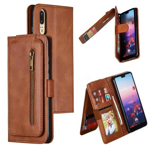 Multifunction 9 Cards Leather Zipper Wallet Phone Case for Huawei P20 - Brown