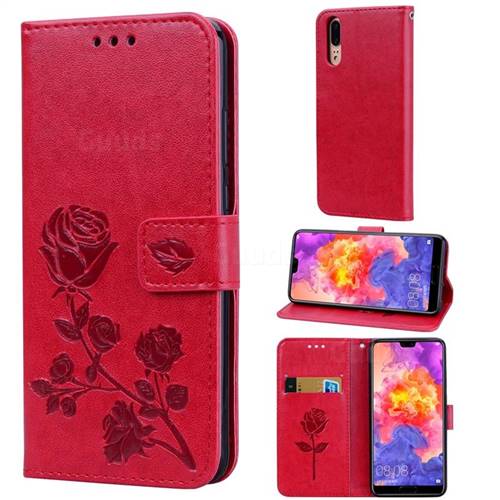 Embossing Rose Flower Leather Wallet Case for Huawei P20 - Red