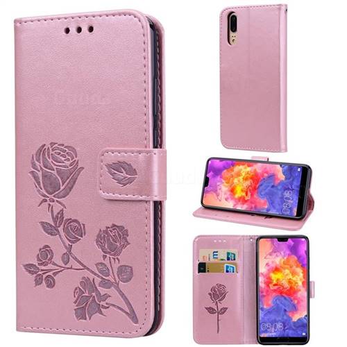 Embossing Rose Flower Leather Wallet Case for Huawei P20 - Rose Gold