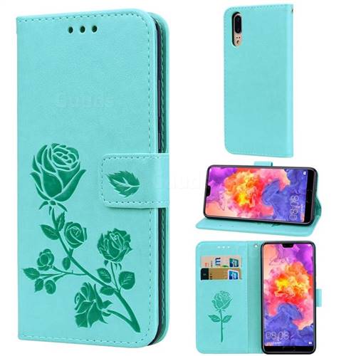 Embossing Rose Flower Leather Wallet Case for Huawei P20 - Green