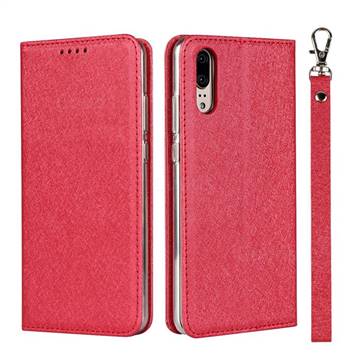Ultra Slim Magnetic Automatic Suction Silk Lanyard Leather Flip Cover for Huawei P20 - Red