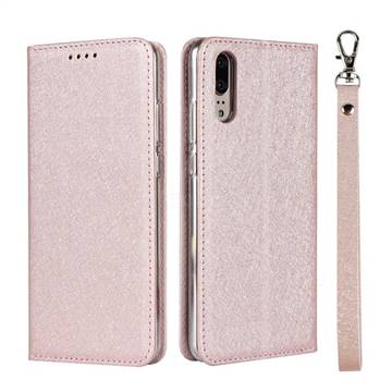 Ultra Slim Magnetic Automatic Suction Silk Lanyard Leather Flip Cover for Huawei P20 - Rose Gold