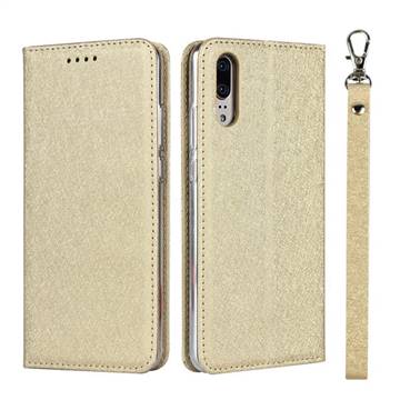 Ultra Slim Magnetic Automatic Suction Silk Lanyard Leather Flip Cover for Huawei P20 - Golden