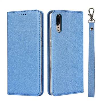 Ultra Slim Magnetic Automatic Suction Silk Lanyard Leather Flip Cover for Huawei P20 - Sky Blue