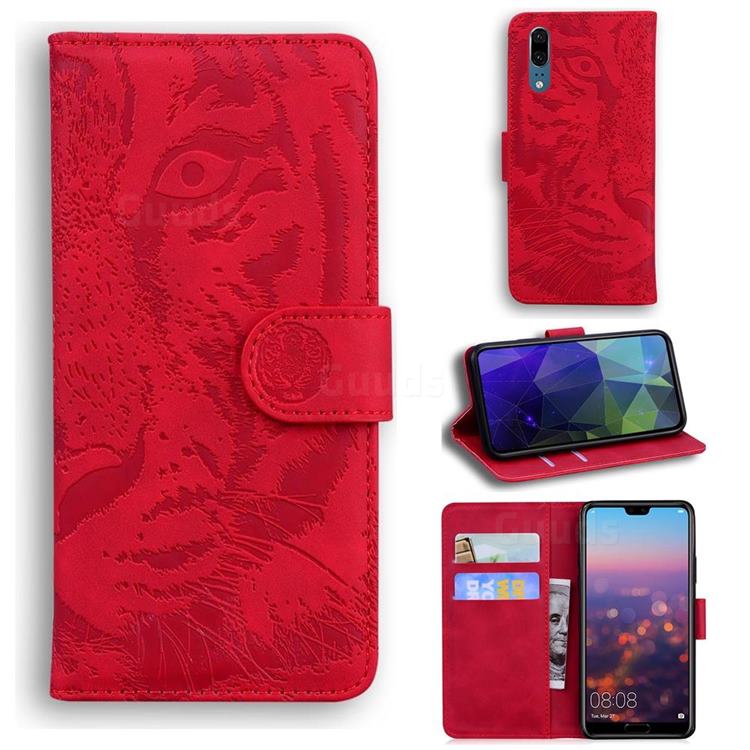 Intricate Embossing Tiger Face Leather Wallet Case for Huawei P20 - Red