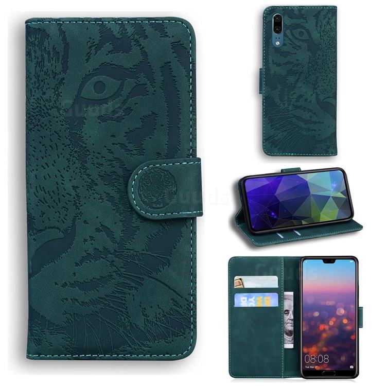 Intricate Embossing Tiger Face Leather Wallet Case for Huawei P20 - Green