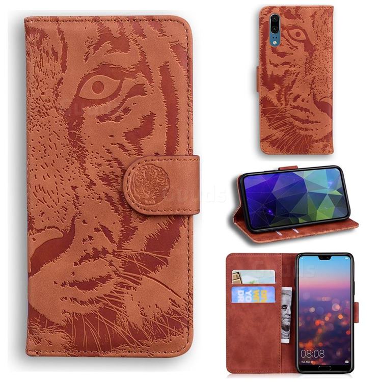 Intricate Embossing Tiger Face Leather Wallet Case for Huawei P20 - Brown