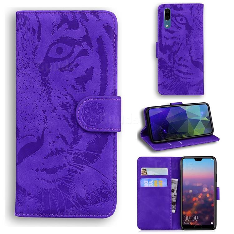 Intricate Embossing Tiger Face Leather Wallet Case for Huawei P20 - Purple
