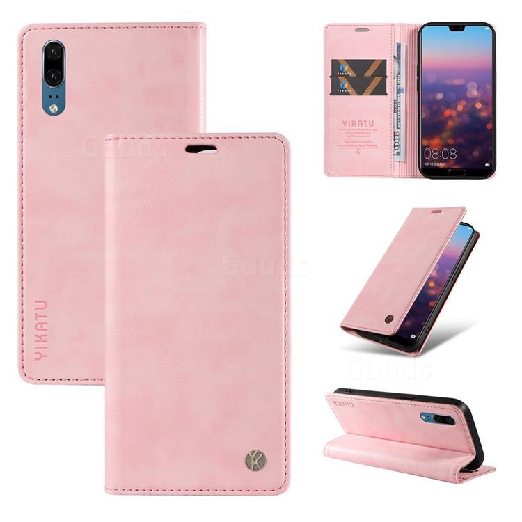 YIKATU Litchi Card Magnetic Automatic Suction Leather Flip Cover for Huawei P20 - Pink