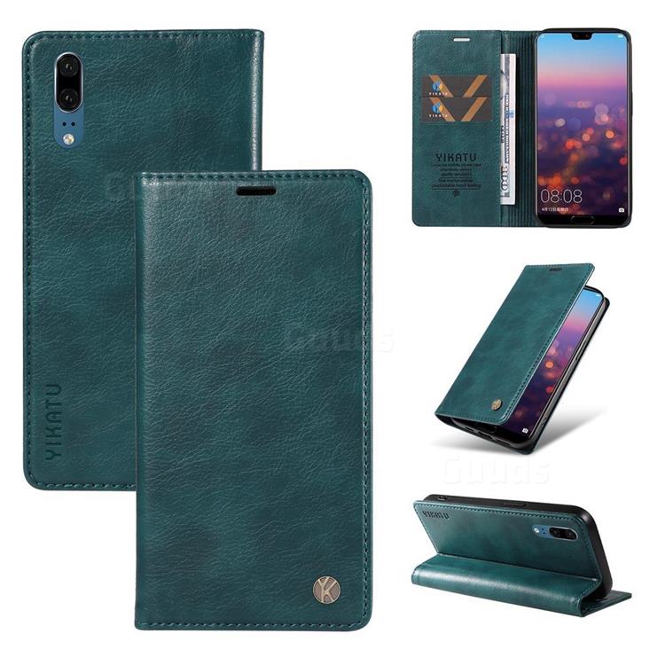 YIKATU Litchi Card Magnetic Automatic Suction Leather Flip Cover for Huawei P20 - Dark Blue