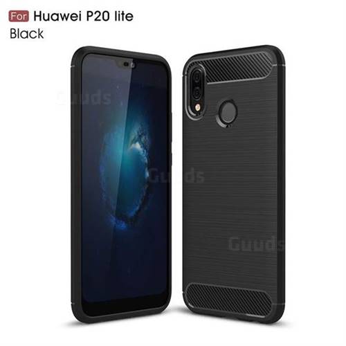 Luxury Carbon Fiber Brushed Wire Drawing Silicone TPU Back Cover for Huawei P20 Lite - Black