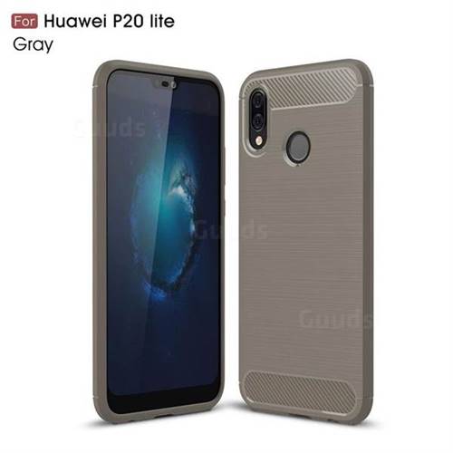Luxury Carbon Fiber Brushed Wire Drawing Silicone TPU Back Cover for Huawei P20 Lite - Gray