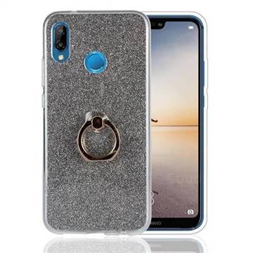 Luxury Soft TPU Glitter Back Ring Cover with 360 Rotate Finger Holder Buckle for Huawei P20 Lite - Black