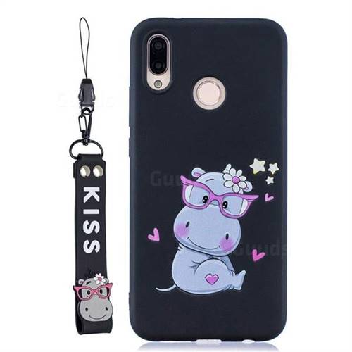 Black Flower Hippo Soft Kiss Candy Hand Strap Silicone Case for Huawei P20 Lite
