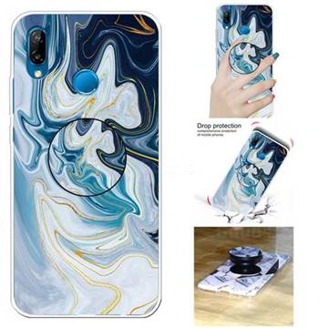 Blue Gold Line Marble Pop Stand Holder Varnish Phone Cover for Huawei P20 Lite
