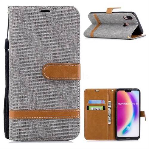 Jeans Cowboy Denim Leather Wallet Case for Huawei P20 Lite - Gray