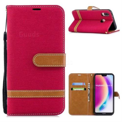 Jeans Cowboy Denim Leather Wallet Case for Huawei P20 Lite - Red