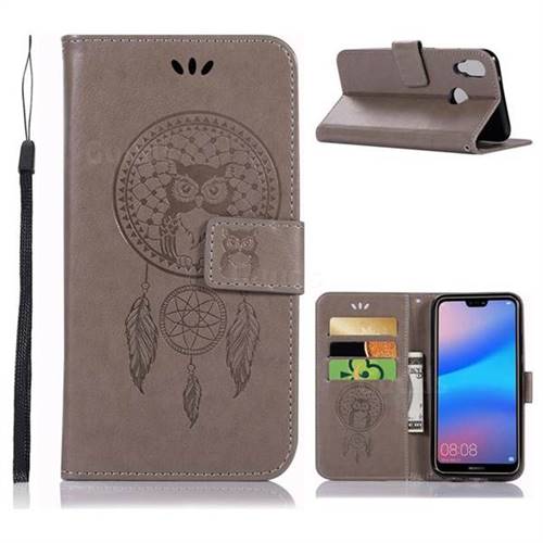 Intricate Embossing Owl Campanula Leather Wallet Case for Huawei P20 Lite - Grey