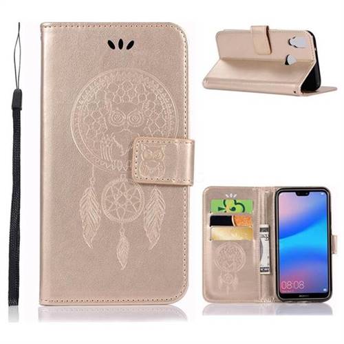 Intricate Embossing Owl Campanula Leather Wallet Case for Huawei P20 Lite - Champagne
