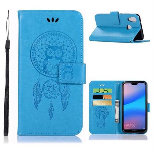 Intricate Embossing Owl Campanula Leather Wallet Case for Huawei P20 Lite - Blue