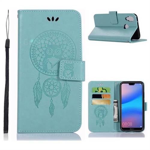 Intricate Embossing Owl Campanula Leather Wallet Case for Huawei P20 Lite - Green