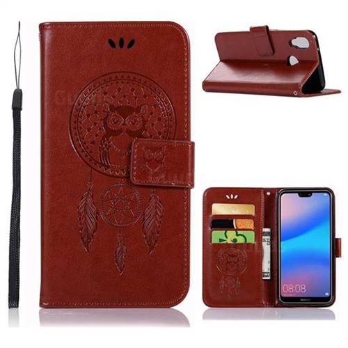 Intricate Embossing Owl Campanula Leather Wallet Case for Huawei P20 Lite - Brown