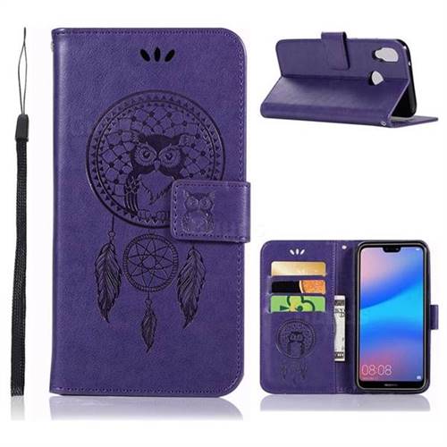 Intricate Embossing Owl Campanula Leather Wallet Case for Huawei P20 Lite - Purple
