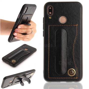 Retro Leather Coated Back Cover with Hidden Kickstand and Card Slot for Huawei P20 Lite - Black