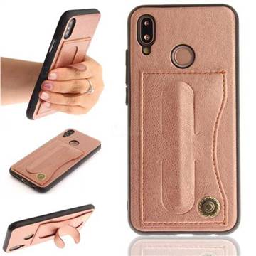 Retro Leather Coated Back Cover with Hidden Kickstand and Card Slot for Huawei P20 Lite - Rose Gold