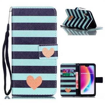 Blue Stripe Heart Leather Wallet Phone Case for Huawei P20 Lite